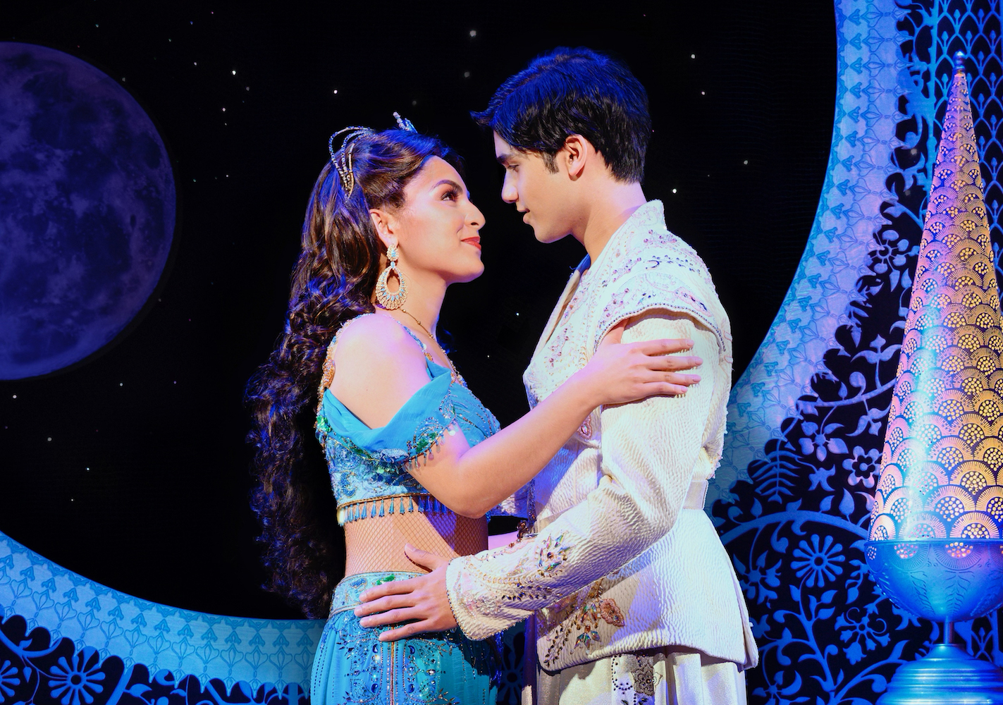 Senzel Ahmady and Adi Roy as Jasmine and Aladdin in the national tour of Disney's Aladdin.